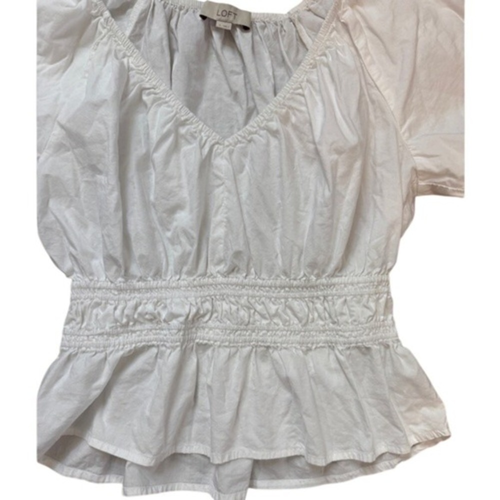 LOFT White Puff Sleeve Smocked Peplum Top S Boho Coquette Cottagecore Milkmaid - Picture 6 of 9